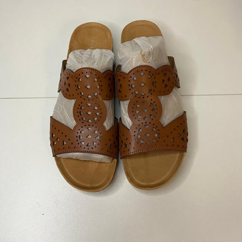 Easy Spirit Tan Laser-Cut Double Strap Slide Sandals